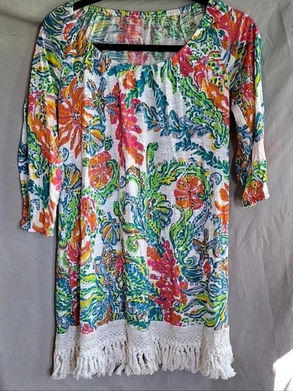 Lilly Pulitzer Casa Marina Cotton Fringe Hem Floral Tunic Shift Dress Size Xs